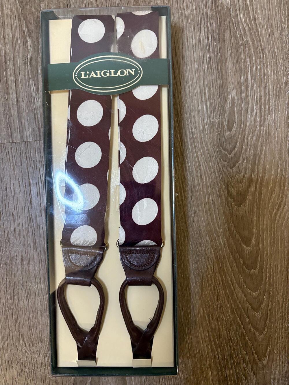 Vintage L’Aiglon Burgundy Polka Dot Suspenders | New Old Stock
